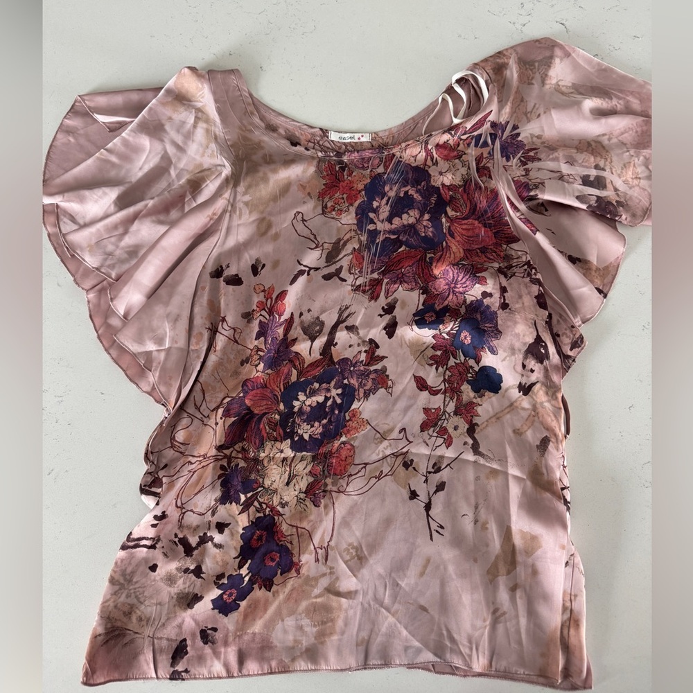 easel Blush Pink Floral Satin Flutter-Sleeve Blouse